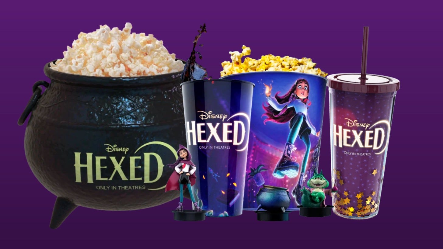 Regal's Hexed cauldron popcorn bucket, character popcorn bucket and collectible cups. Image: Regal