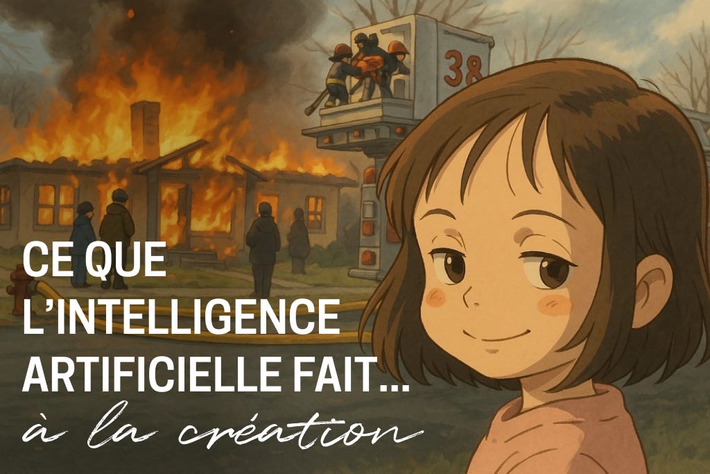Version "Ghibli" du même Disaster Girl, généré par une intelligence artificielle, et complété du titre de l'article.