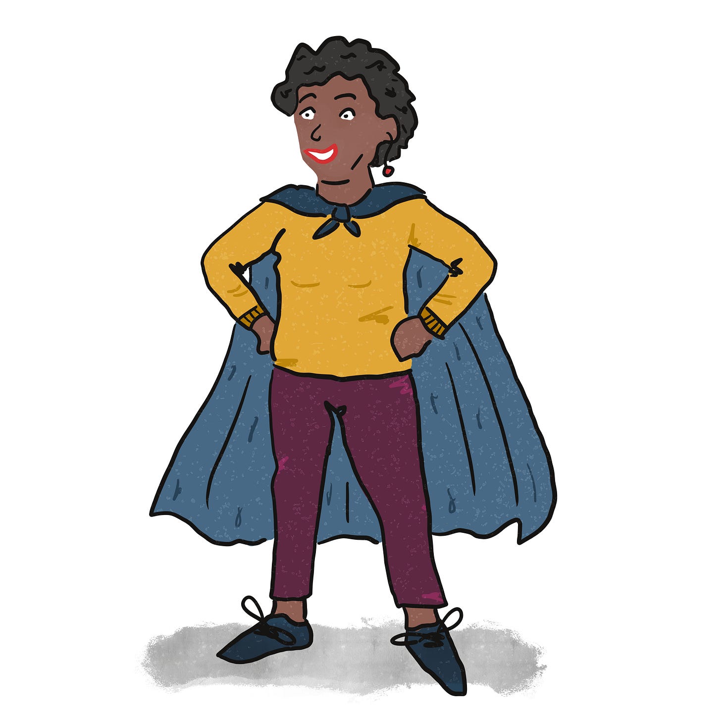 Cartoon image of a woman standing in a superhero cape