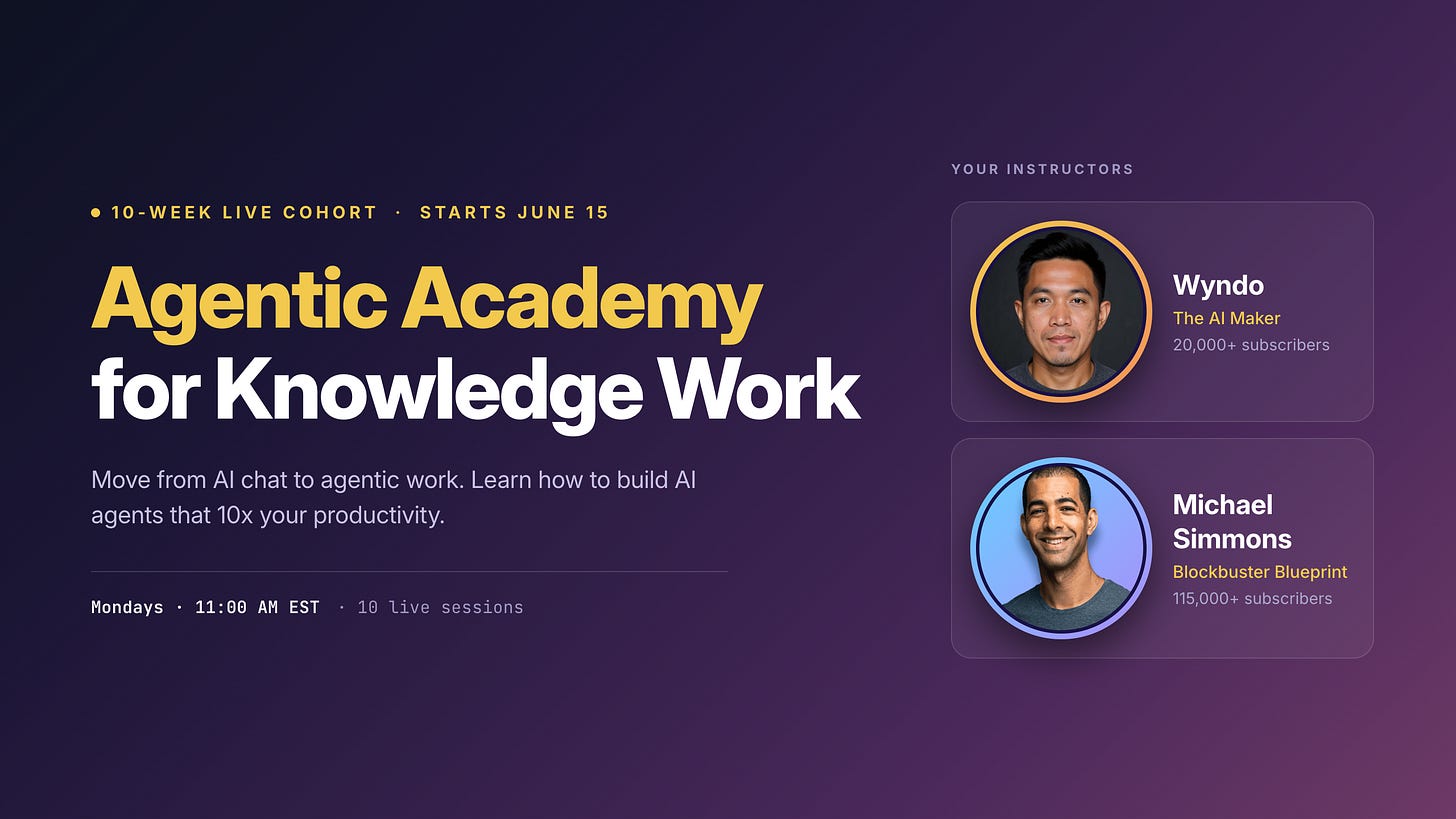 Wyndo and Michael Simmons announcing the Agentic Academy for Knowledge Work cohort launching June 15." -- If launch card only: "Agentic Academy for Knowledge Work cohort announcement graphic