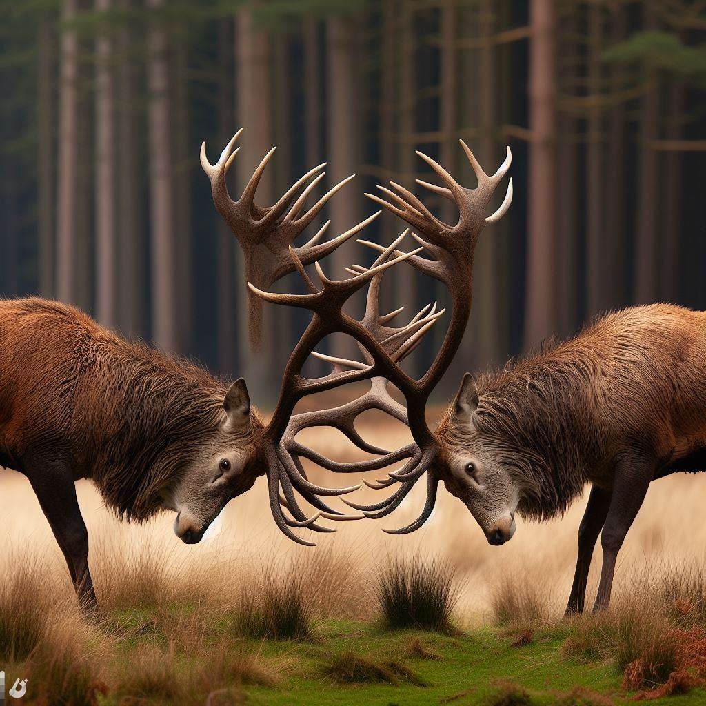 Two stags with their antlers interlocked, engaged in a duel or display of strength, brown with white fur on their necks and chests, large and intricate antlers, positioned on a grassy field with patches of green and brown hues, fall season, background forest with trees having thin trunks and branches.