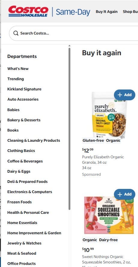 The Costco Same-Day app showing the Buy It Again page with the What's New category at the top of the sidebar. The Costco Same-Day app showing the Buy It Again page with the What's New category at the top of the sidebar.
