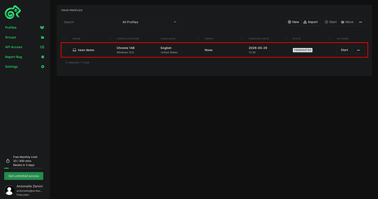 Note the updated status of the Kameleo profile