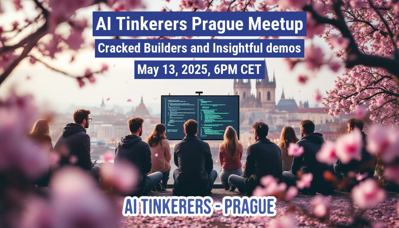 (Banner) This image is a promotional banner for an AI Tinkerers Prague Meetup. It features a group of people watching a screen with code, set against the backdrop of Prague and cherry blossoms. Text: AI Tinkerers Prague Meetup Cracked Builders and Insightful demos May 13, 2025, 6PM CET AI TINKERERS PRAGUE #FFFFFF | #47479B | #E6B8AF | Modern, scenic | Colors: #FFFFFF, #47479B, #E6B8AF Note: The image contains text promoting an event, which is characteristic of a banner. It is clearly designed to advertise the AI Tinkerers Prague Meetup.