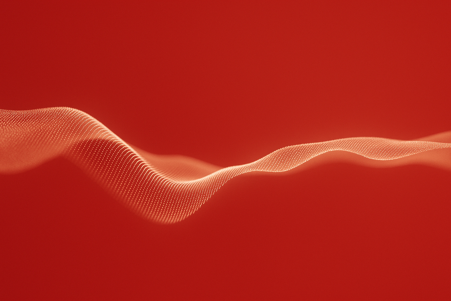 Abstract red background with a flowing wave of glowing dots, symbolizing AI voice technology