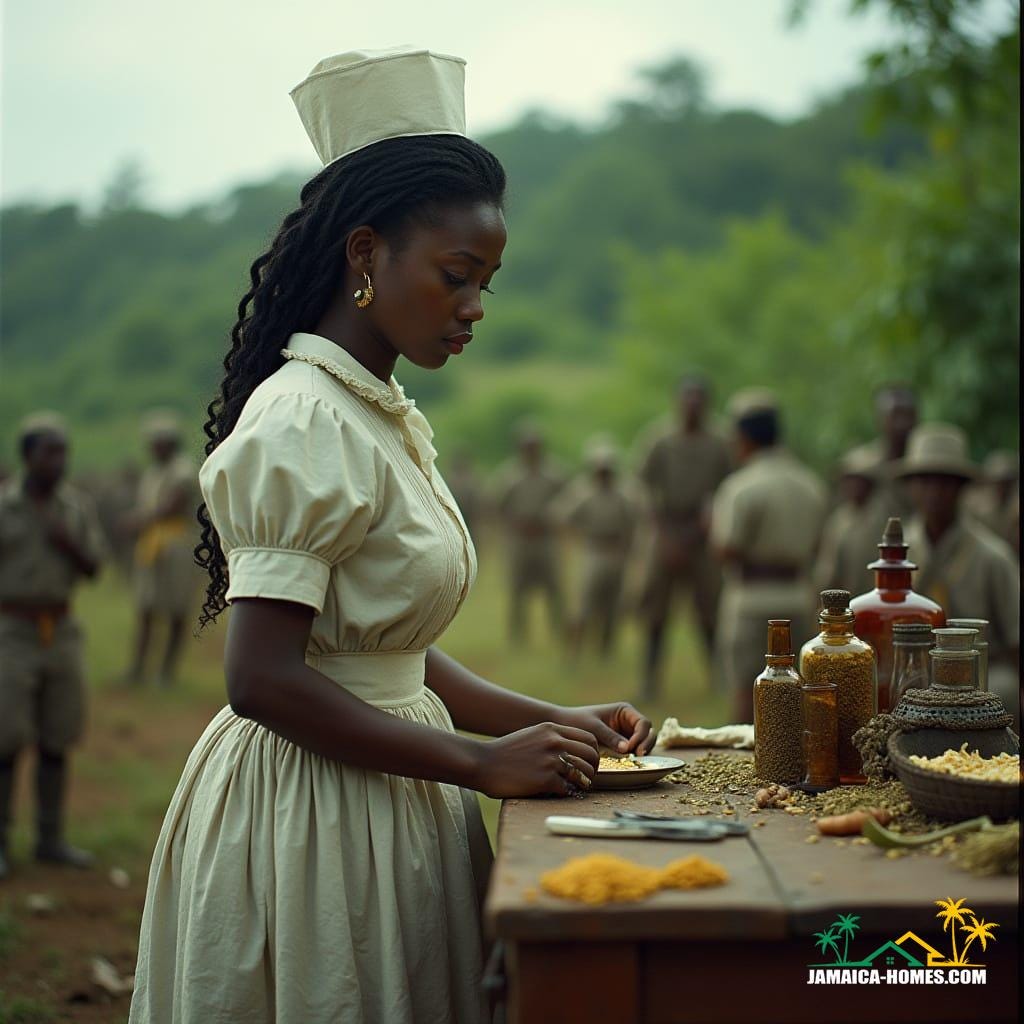  A 19th century Jamaican nurse with a determined expression, wearing historically accurate clothing, cares for wounded soldiers on a battlefield. A colorful tropical landscape fills the background. Herbal remedies are arranged on a nearby table. The mood is heroic and maternal. Cinematic film still, shot on V-Raptor XL, 35mm film, with film grain, vignette, atmospheric lighting, color grading, and post-processing. Masterpiece quality, epic, stunning, dramatic.