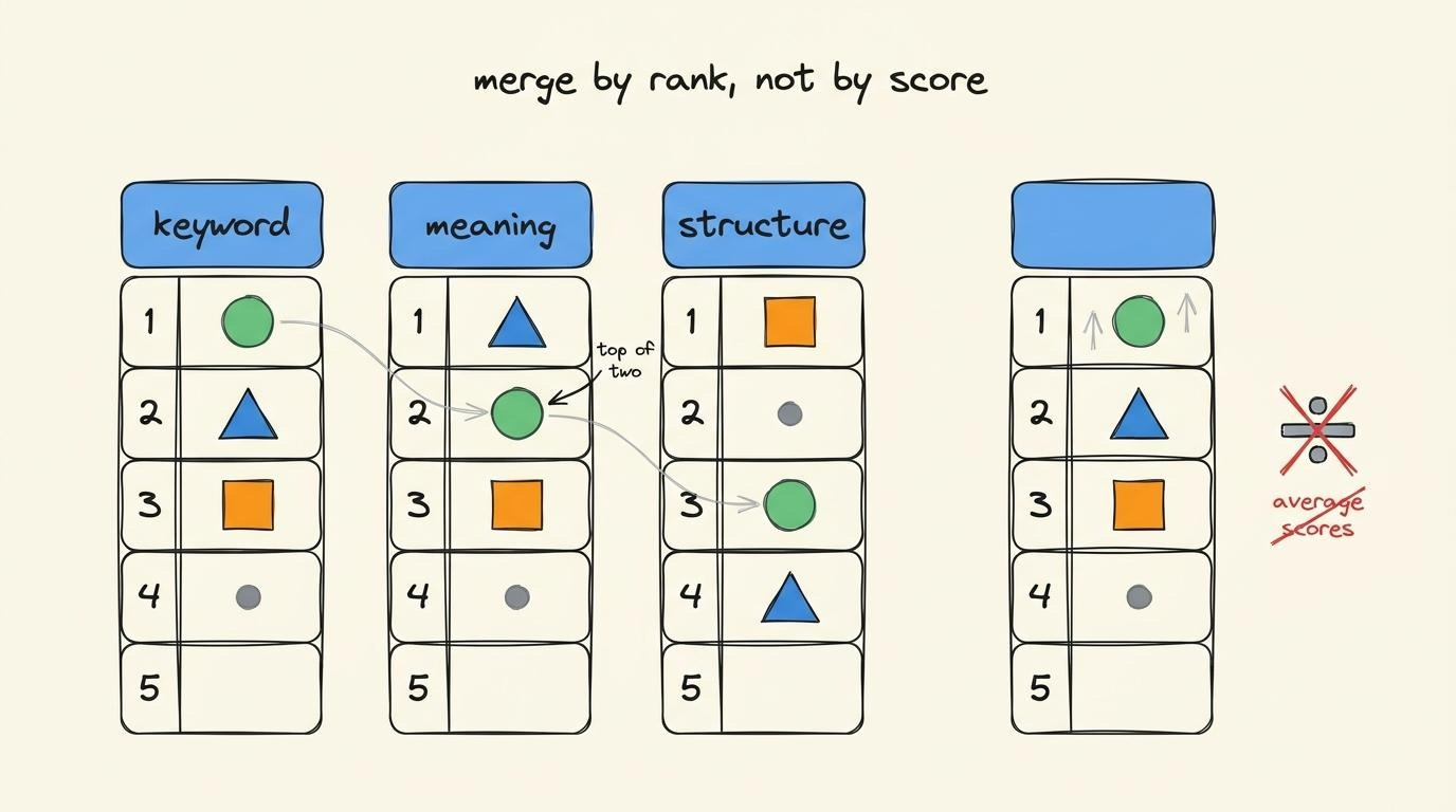 Three separate ranked lists merged not by averaging their scores but by rank position, so an item near the top of two lists rises in the combined ranking