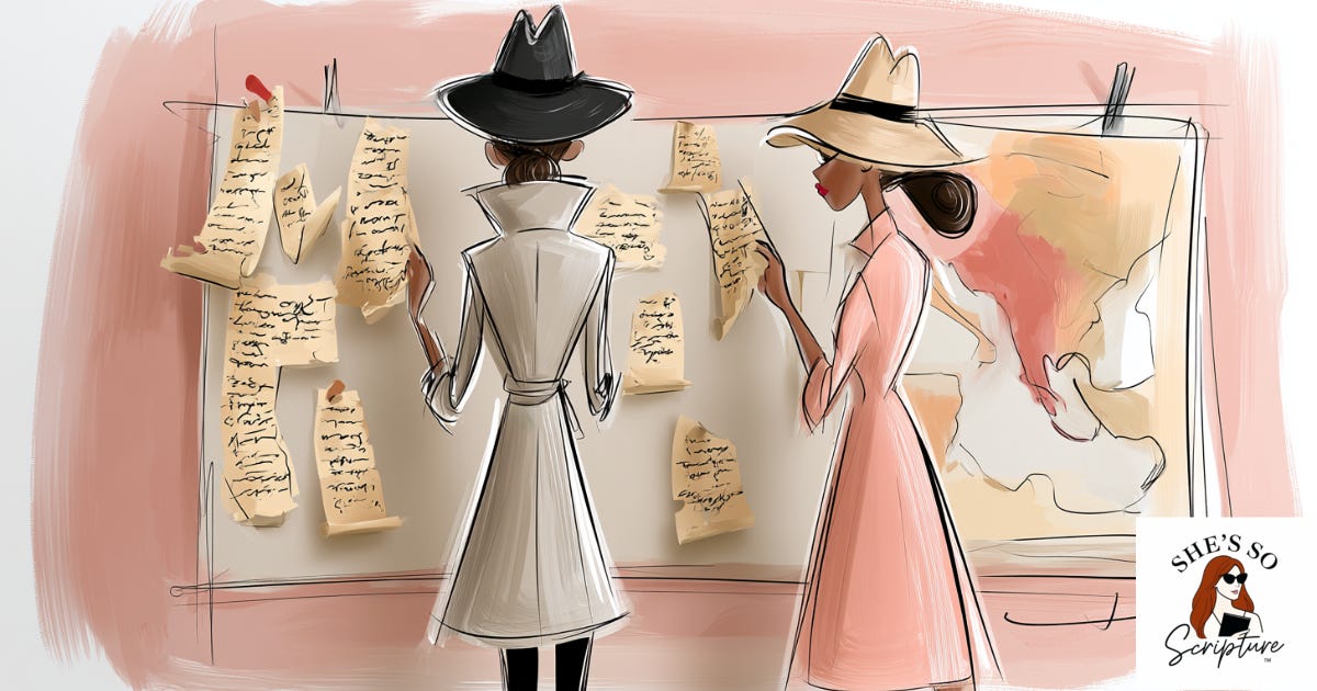 Illustration of two detectives in trench coats examining an evidence board with Greek manuscript fragments and a map of Asia Minor, in a blush pink and cream watercolor style. Illustration of two detectives in trench coats examining an evidence board with Greek manuscript fragments and a map of Asia Minor, in a blush pink and cream watercolor style.
