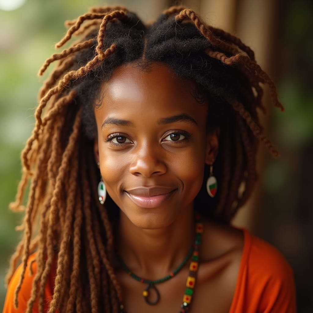 Regal young woman with afrocentric dreadlocks and warm, golden-brown skin tones, adorned in vibrant Rastafarian attire, her bright eyes gleaming with an inner light, set against a shallow depth of field, with soft, cinematic focus.