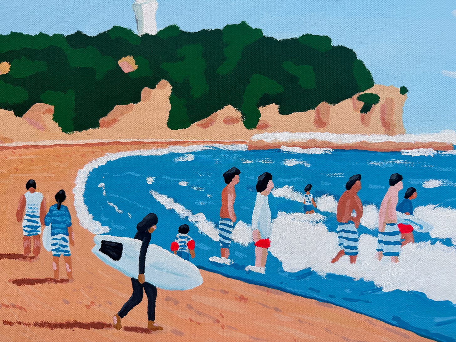 alimo acrylic gouache painting on canvas, beach scene japan