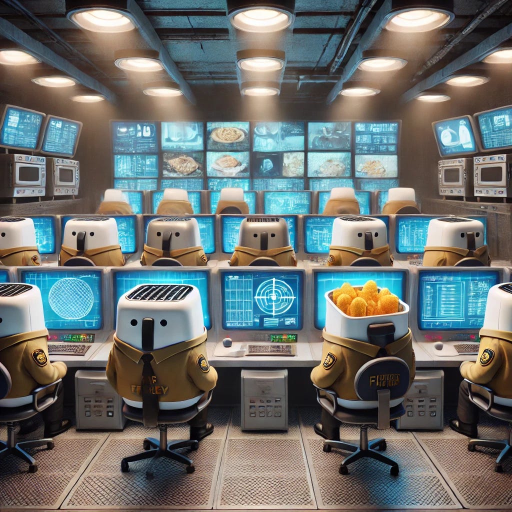 An underground high-tech command center where air fryers sit at monitoring stations, viewing multiple screens showing kitchen activities. Other appliances like toasters and microwaves are wearing security guard uniforms, overseeing the area. The style combines humorous 3D animation with a security control room aesthetic, adding playful and detailed elements to the scene.