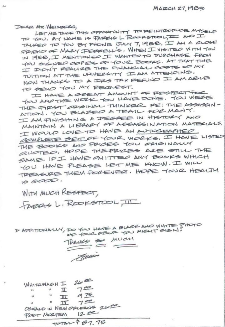 Farris Rookstool's fan letters to Harold Weisberg portray him as a fellow critic of the Warren Commission.