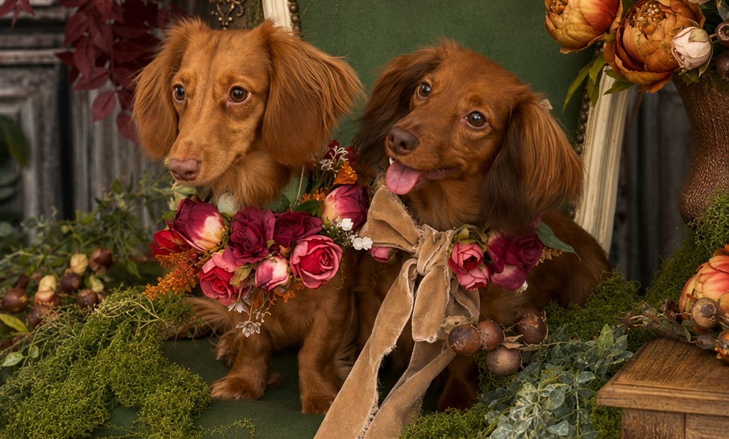 Nicole and Nora, two miniature dachshunds, wearing their floral collars Nicole and Nora, two miniature dachshunds, wearing their floral collars