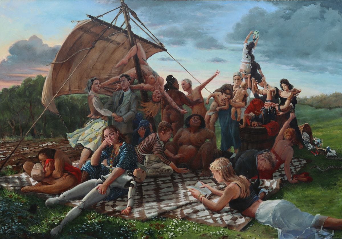 A painting of many figures (mostly women) on a quilt on grass, in dappled morning light. Rugby players in the background, and quotations from various well known works of art by female artists. There is a sail attached to a mast, and trees in the background