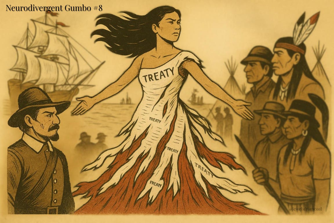 A sepia-toned illustration of a woman standing firmly between two groups: European colonizers on the left and Indigenous people on the right. She wears a dress made of treaty documents that flare out like roots or flames, with the word “TREATY” repeated across the fabric. Her arms are outstretched, one toward each side, and her hair flows behind her. Ships are visible in the background. The image conveys power, tension, and the role of treaties and women’s bodies in colonial politics.