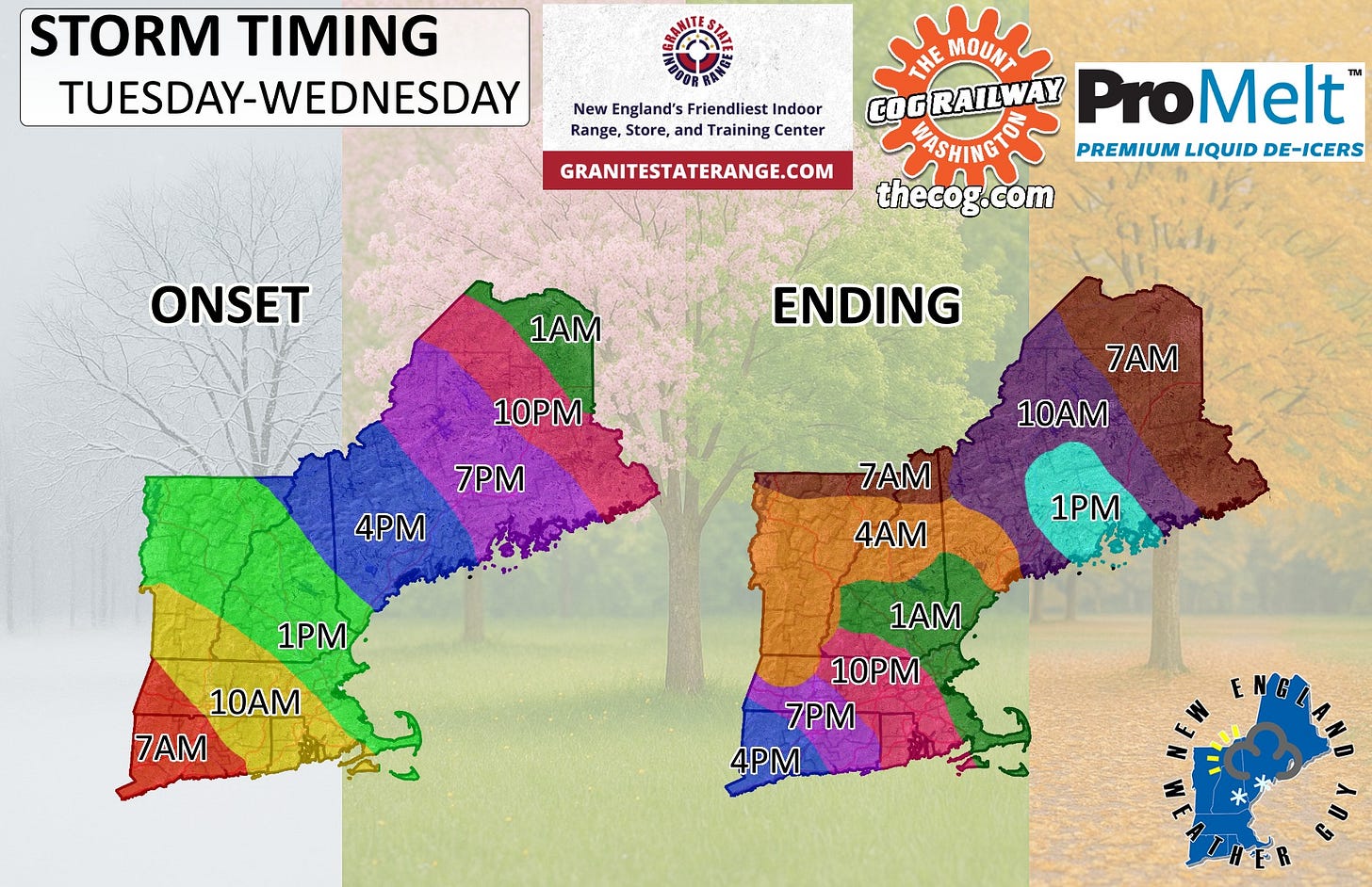 May be an image of ‎map and ‎text that says '‎STORM TIMING TUESDAY-WEDNESDAY 日本 New England's Friendliest Indoor Range, Store, and Training Center GRANITESTATERANGE.COM THE MOUNT OGRAILWAY ProMelt MASHINGTO ASHINGT PREMIUM LIQUID DE-ICERS thecog.com g.com ONSET 1AM וור ENDING 10PM 7PM 4PM 7AM 10M 7AM 1PM 4AM 1PM 10AM 7AM 1AM 10PM 7PM 4PM E THER ۲‎'‎‎