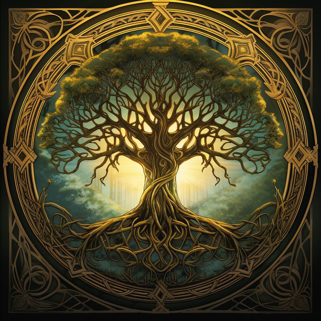 A golden brown Tree of Life in a circular stylized Celtic frame.