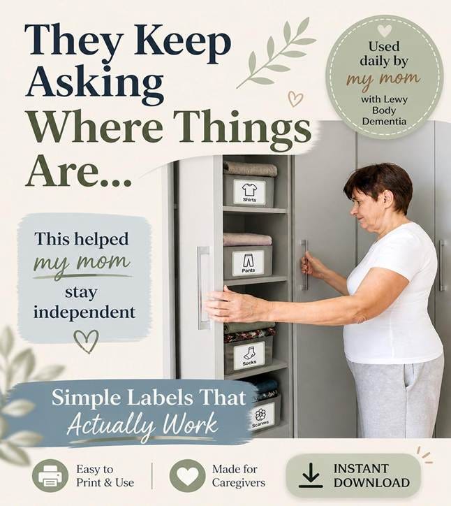 May include: A set of printable storage labels featuring icons and text for shirts, pants, socks, and scarves. The labels are displayed on grey storage bins inside a closet. The text reads: They Keep Asking Where Things Are, This helped my mom stay independent, Simple Labels That Actually Work, Used daily by my mom with Lewy Body Dementia, Easy to Print & Use, Made for Caregivers, INSTANT DOWNLOAD. May include: A set of printable storage labels featuring icons and text for shirts, pants, socks, and scarves. The labels are displayed on grey storage bins inside a closet. The text reads: They Keep Asking Where Things Are, This helped my mom stay independent, Simple Labels That Actually Work, Used daily by my mom with Lewy Body Dementia, Easy to Print & Use, Made for Caregivers, INSTANT DOWNLOAD.