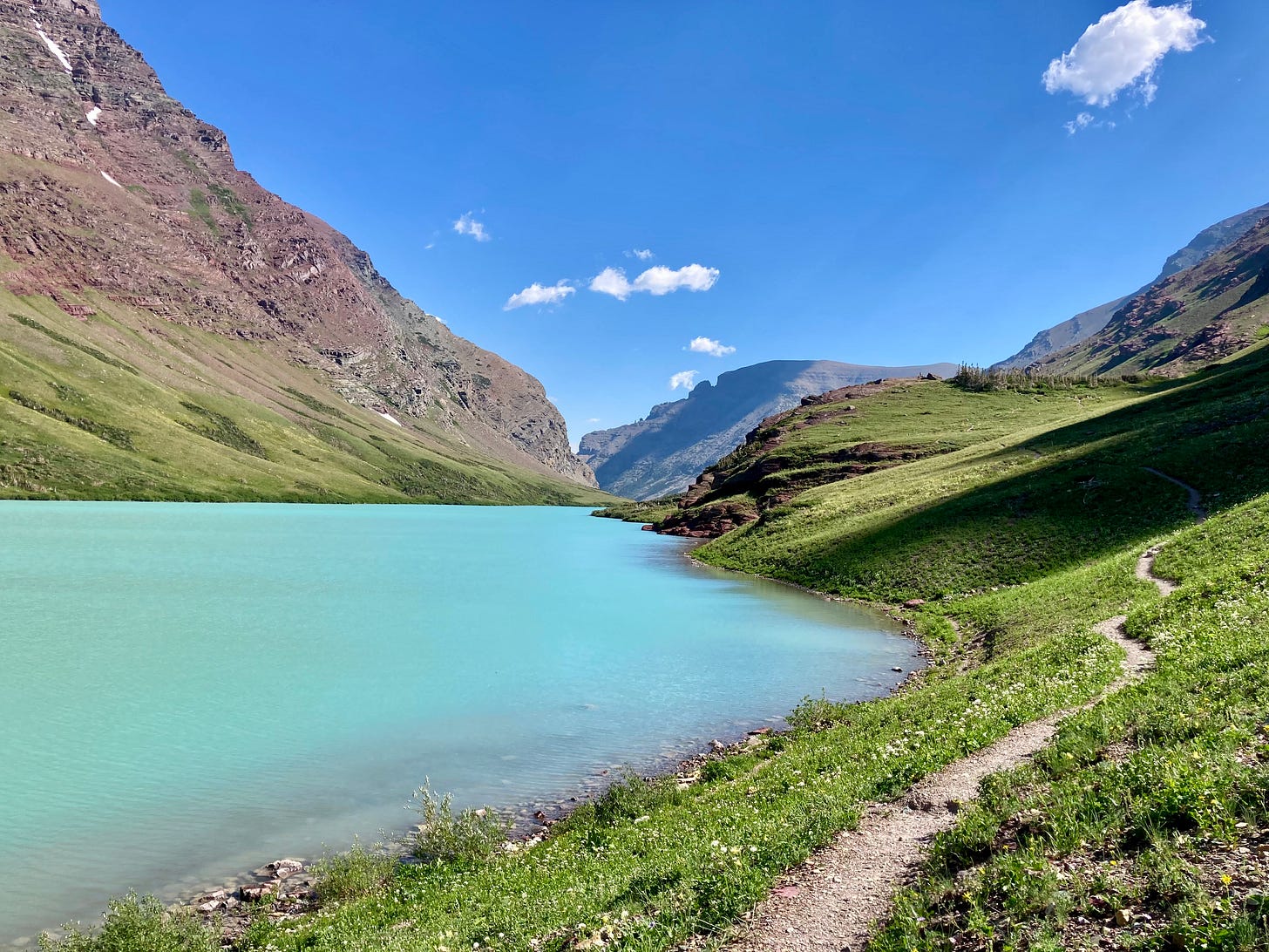 A vibrantly colored glacial lake sits against a meandering path through green grass and wildflowers. A vibrantly colored glacial lake sits against a meandering path through green grass and wildflowers.
