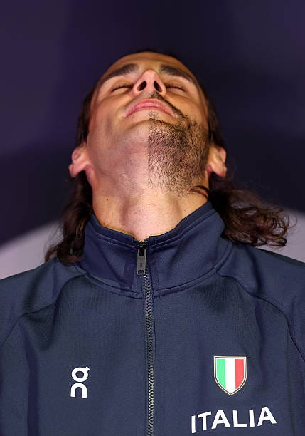 Gold medallist, Gianmarco Tamberi of Team Italy, poses for a photo during the Men's High Jump medal ceremony on day five of the 27th European...