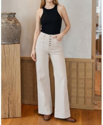 Bayeas - High Rise Wide Leg Button Fly High-Stitched Hem Denim Jeans in Dawna Light Khaki Bayeas - High Rise Wide Leg Button Fly High-Stitched Hem Denim Jeans in Dawna Light Khaki