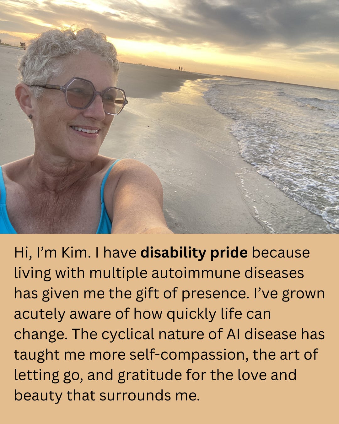 A woman on the beach. A citrus sunset in the background.