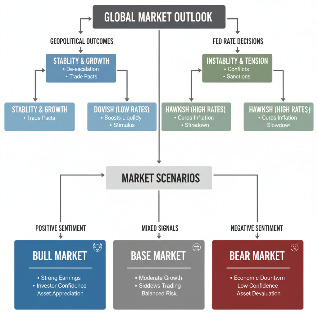 Decision tree infographic displaying potential stock market forecast scenarios based on geopolitical outcomes