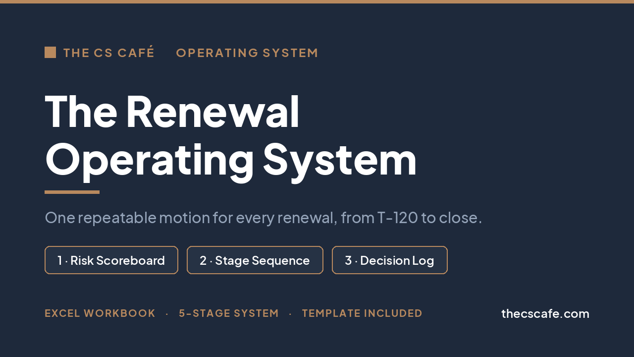 The Renewal Operating System, an Excel workbook from The CS Café with three tools: Risk Scoreboard, Stage Sequence, and Decision Log. The Renewal Operating System, an Excel workbook from The CS Café with three tools: Risk Scoreboard, Stage Sequence, and Decision Log.