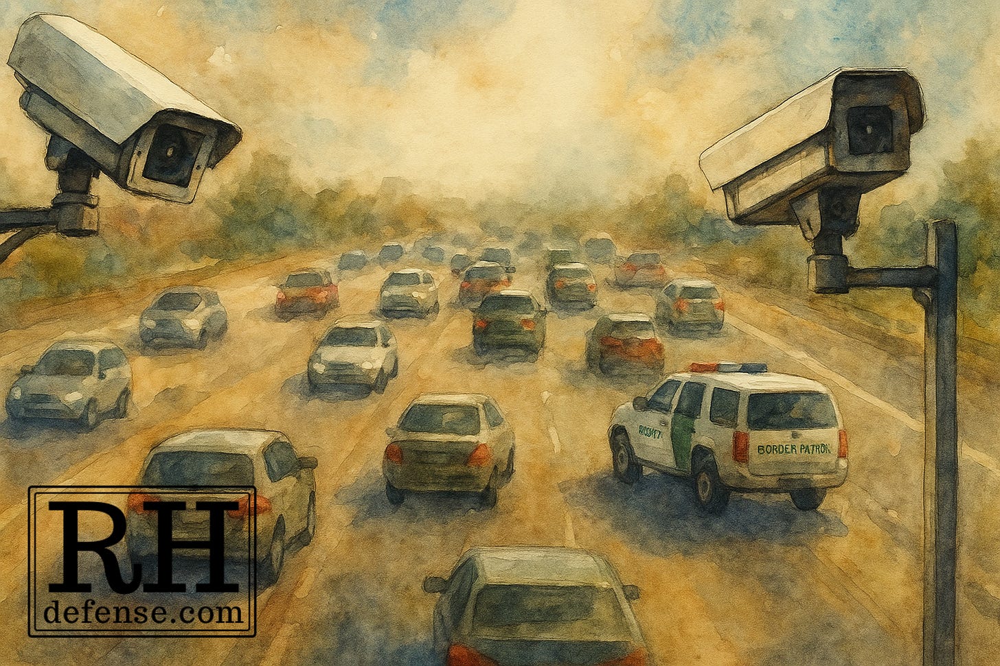 A watercolor-style illustration of heavy freeway traffic seen from above, with large surveillance cameras mounted on poles in the foreground. On the right side of the image, a marked Border Patrol SUV drives among the cars. The scene is hazy and sunlit, giving it a muted, atmospheric look.
