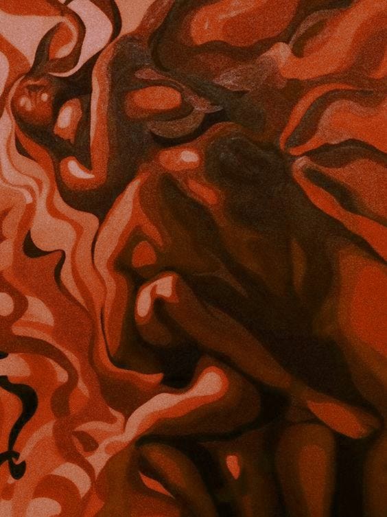 This may contain: an abstract painting with red and black colors
