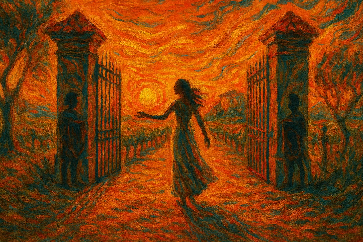 Expressionist oil painting of a silhouetted woman in a flowing dress walking through wrought iron gates toward a blazing sunset. The sky is alive with swirling oranges, reds, and yellows, while the gates, trees, and guards at the pillars are warped in thick, turbulent brushstrokes, creating a fiery, dreamlike atmosphere. Expressionist oil painting of a silhouetted woman in a flowing dress walking through wrought iron gates toward a blazing sunset. The sky is alive with swirling oranges, reds, and yellows, while the gates, trees, and guards at the pillars are warped in thick, turbulent brushstrokes, creating a fiery, dreamlike atmosphere.
