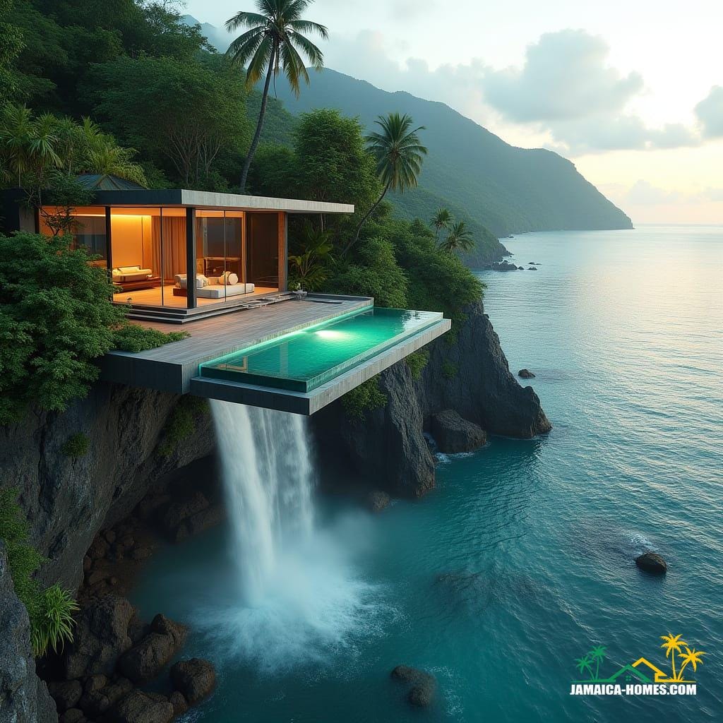 A breathtaking, cutting-edge villa clings to the rugged cliffs of Ocho Rios, Jamaica, its cantilevered infinity pool seemingly defying gravity as it floats above the dazzling turquoise expanse of the Caribbean Sea. Sleek, frameless glass walls dissolve the boundaries between indoors and outdoors, framing panoramic ocean vistas that stretch to the horizon. The innovative architecture seamlessly integrates smart home technology, self-sustaining solar panels, and a lush rooftop garden teeming with tropical greenery, creating a synergy of nature and innovation. A private waterfall tumbles into a natural rock pool below, shrouded in mist and mystery. Capture this majestic scene as a cinematic film still, reminiscent of the works of James Turrell and Andreas Gursky, with the moody, high-contrast aesthetic of Gregory Crewdson. Employ a mix of warm, golden lighting and cool, oceanic hues, shot on a virtual V-Raptor XL camera, with a subtle film grain and vignette, evoking the texture and nuance of 35mm film. Color grade to enhance the dreamlike atmosphere, with deep blues and emerald greens, and apply a hint of post-processing to create a sense of depth and dimensionality, resulting in a truly epic, cinematic masterpiece.