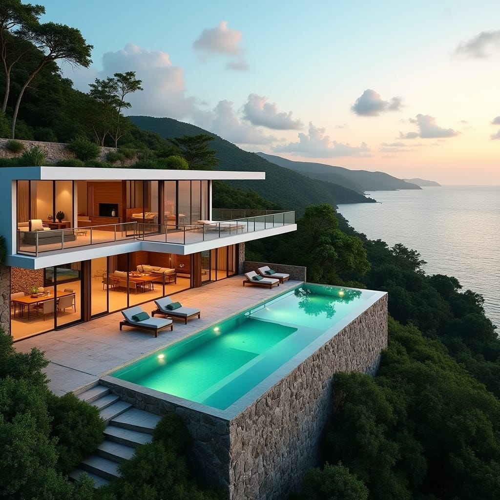 A luxurious modern Jamaican home perched on a hillside in Montego Bay, with floor-to-ceiling glass windows overlooking the vibrant turquoise ocean. The home features an infinity pool blending into the horizon, sleek contemporary architecture, and tropical landscaping with lush greenery. The exterior is a mix of natural wood, stone, and white walls, while the interior boasts open-plan living spaces with minimalist design and elegant furniture. The setting includes the sunset casting a warm glow over the ocean and the home. Tropical paradise, luxury living, serene atmosphere.