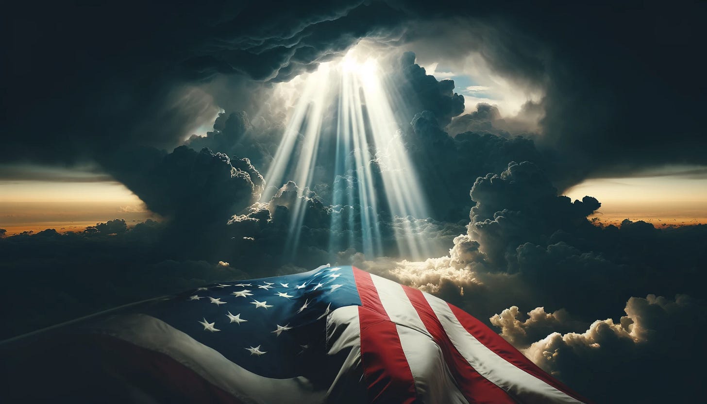 A realistic scene featuring light beams descending from dramatic, dark clouds in the sky, illuminating an American flag. The flag is prominently displayed in the foreground, gently waving. The light piercing through the clouds creates a striking and powerful visual contrast, emphasizing the flag's significance. The wide aspect ratio captures the vastness of the sky and the intensity of the scene, with the flag serving as the central focal point. The overall atmosphere is dramatic, inspiring a sense of awe and reverence.