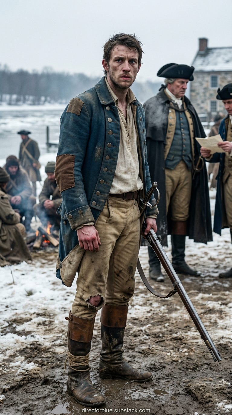 IMAGE PROMPT FOR HISTORIC REENACTMENT EDUCATIONAL SERIES (Washington Crossing the Delaware  Battle of Trenton) (1776) Hyper-realistic cinematic reenactment still modern embedded war-photography look 916 vertical portrait frame scene at McKon_image_1