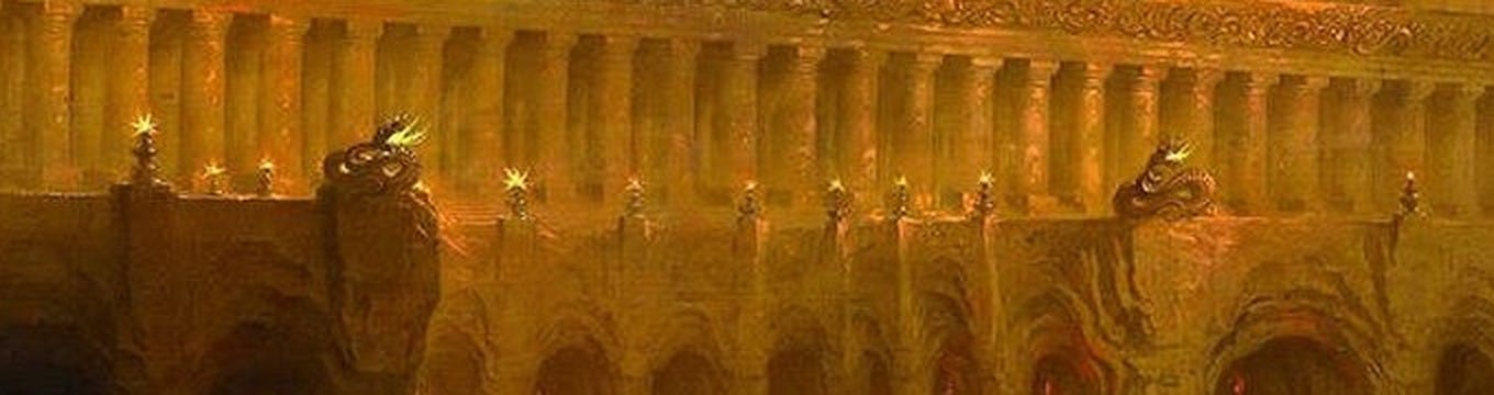 Detail of Pandemonium: carved serpents coiled on the parapet with flames coming from their mouths, between rows of small torches, under a long colonnade. Detail of Pandemonium: carved serpents coiled on the parapet with flames coming from their mouths, between rows of small torches, under a long colonnade.
