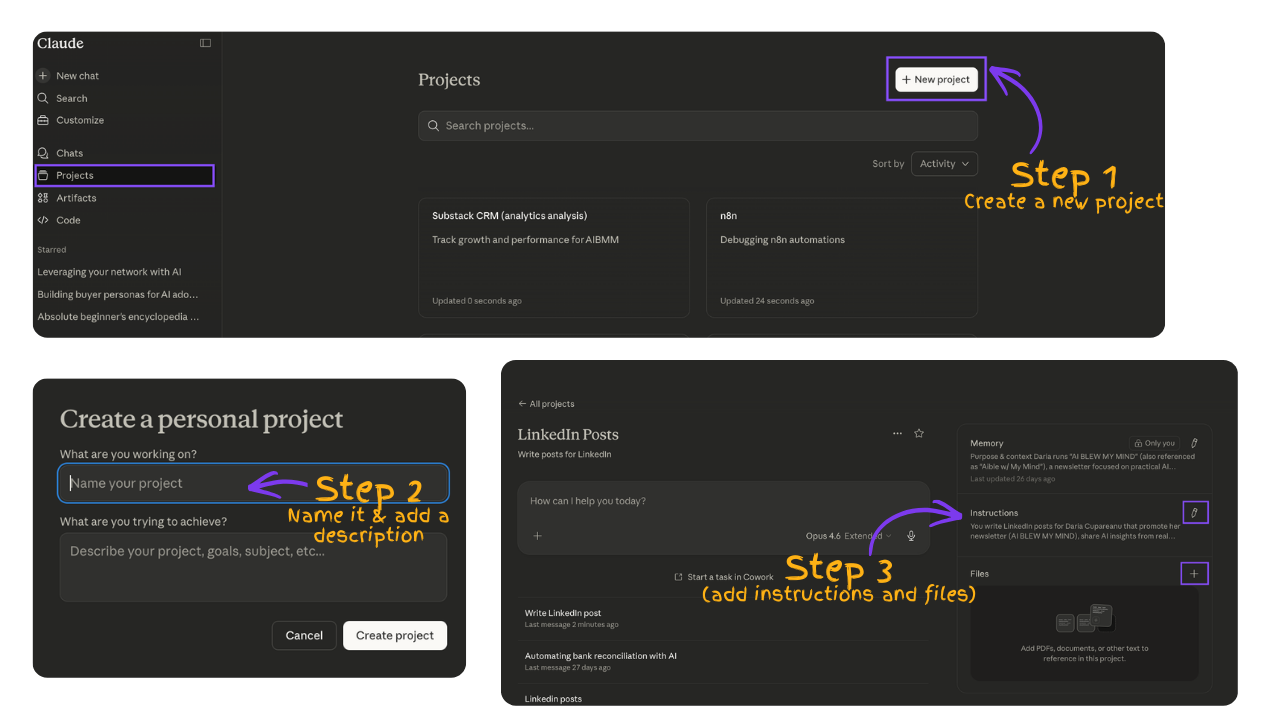 Step-by-step guide to creating a Claude project: Step 1 click New project, Step 2 name it and add a description, Step 3 add custom instructions and upload files