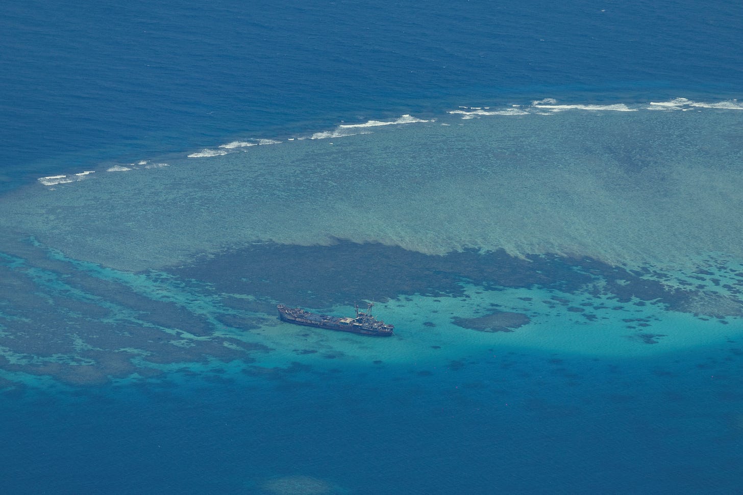 Aerial view of the contested Second Thomas Shoal in the South China Sea Aerial view of the contested Second Thomas Shoal in the South China Sea