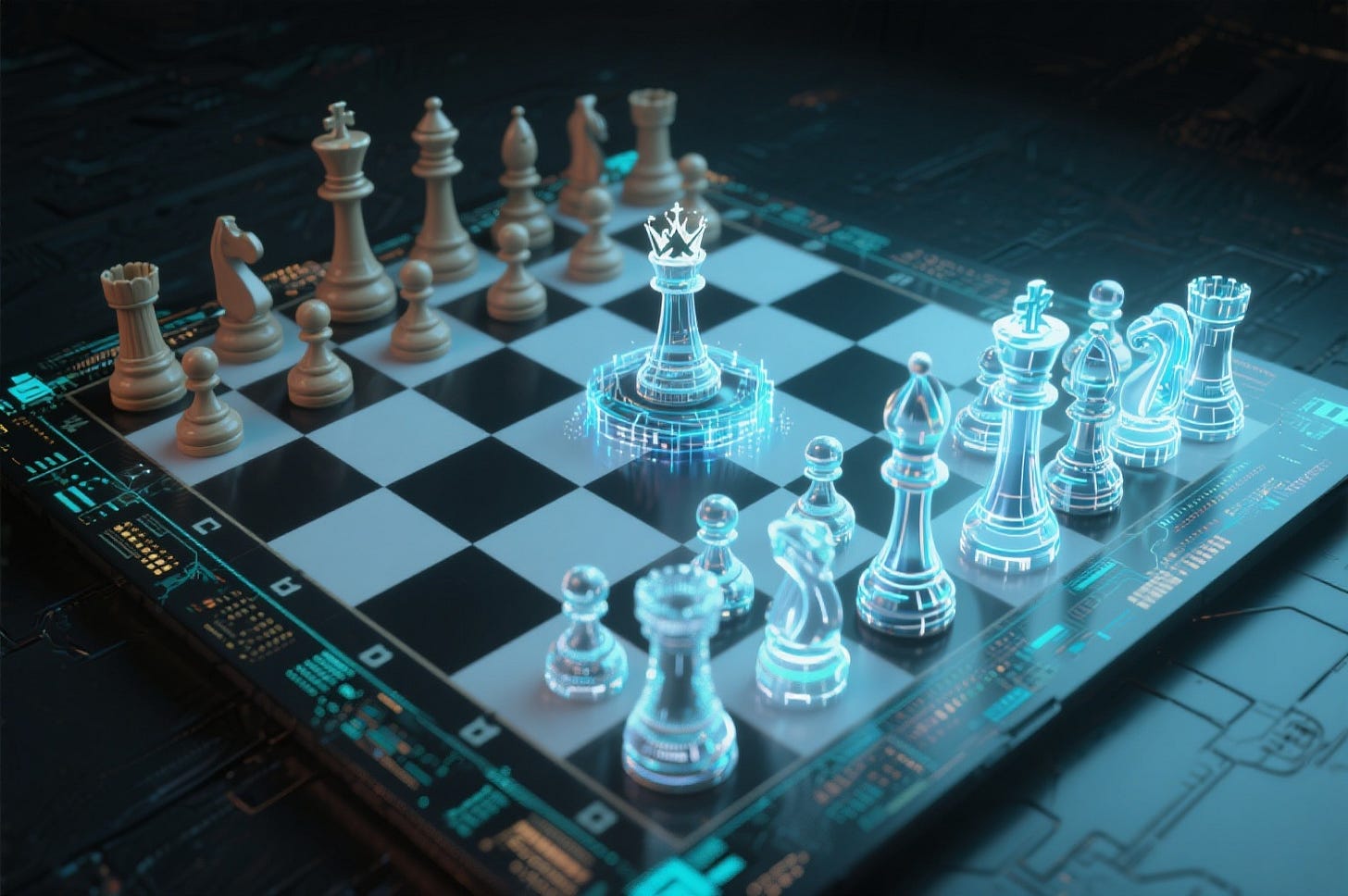A futuristic chess board with traditional wooden pieces on one side and glowing blue digital holographic pieces on the other, set on a high-tech surface with circuit patterns. A futuristic chess board with traditional wooden pieces on one side and glowing blue digital holographic pieces on the other, set on a high-tech surface with circuit patterns.