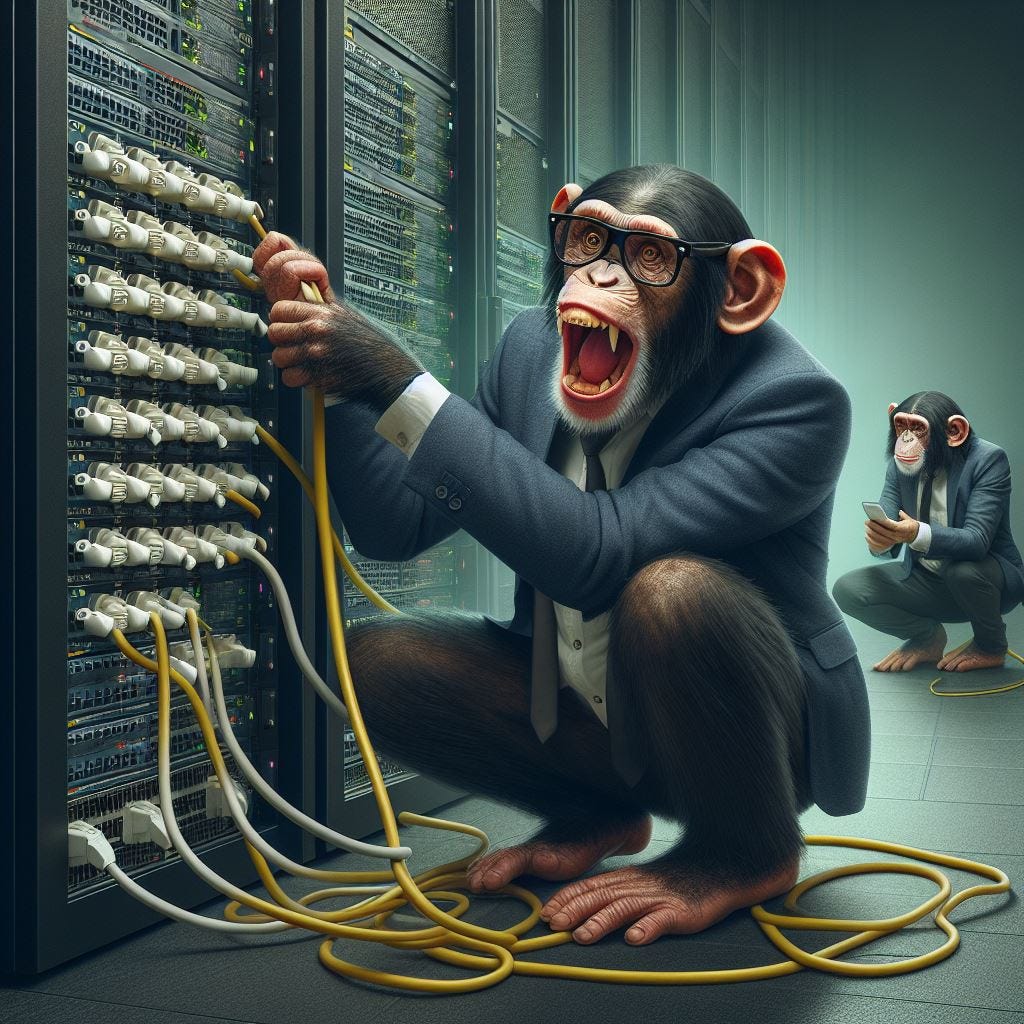 Chimpanzee in a server room disconecting plugs