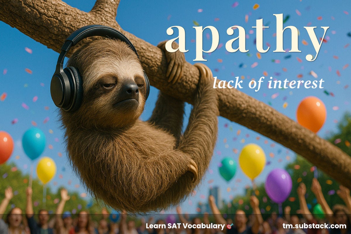 Illustration of an uninterested sloth with headphones ignoring a party; used to illustrate the SAT word 'apathy'.