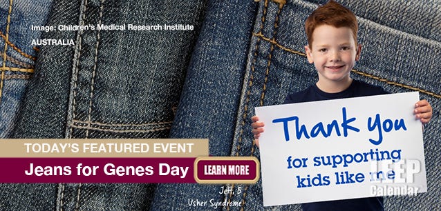 JEANS FOR GENES, picture of Jeff, age five on a background of jeans. Photo Children's Medical Research Institute.
