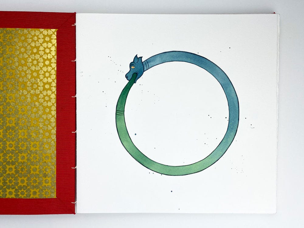 The book open to page one, depicting the perfect circle of a snake biting its own tail