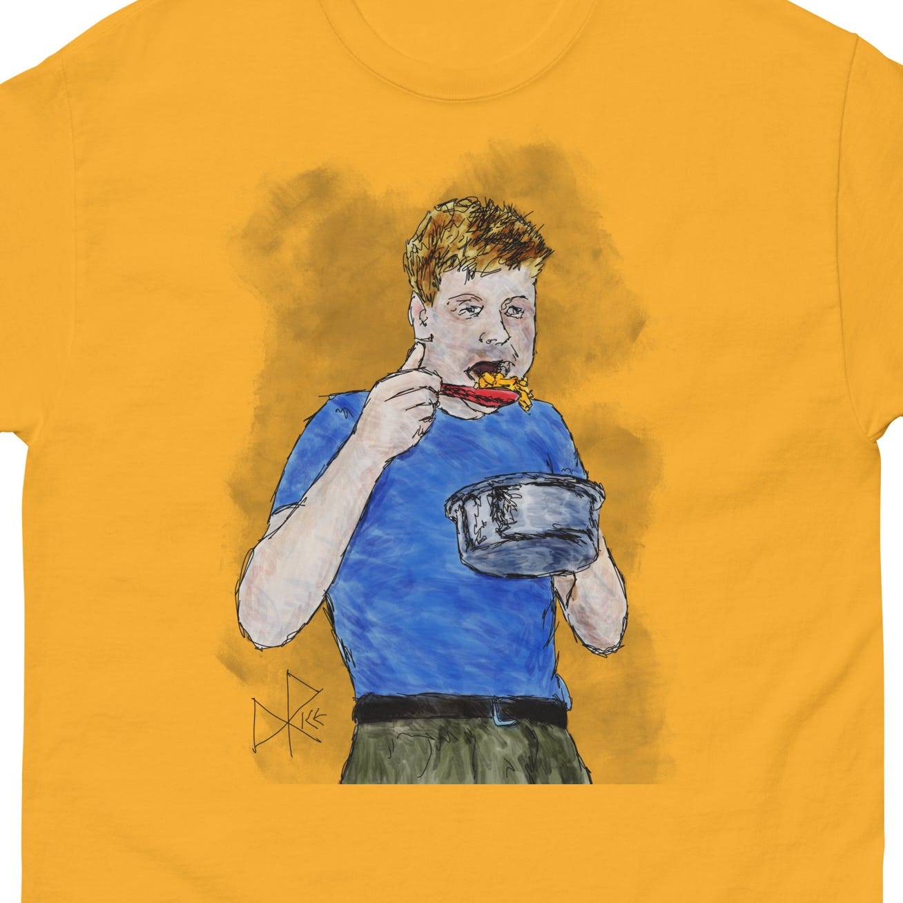 A man eating macaroni and cheese straight out of the pot. His mouth cavernous, he is about to devour the noodles using a large red plastic kitchen spoon. Sketch art by Don Rice.