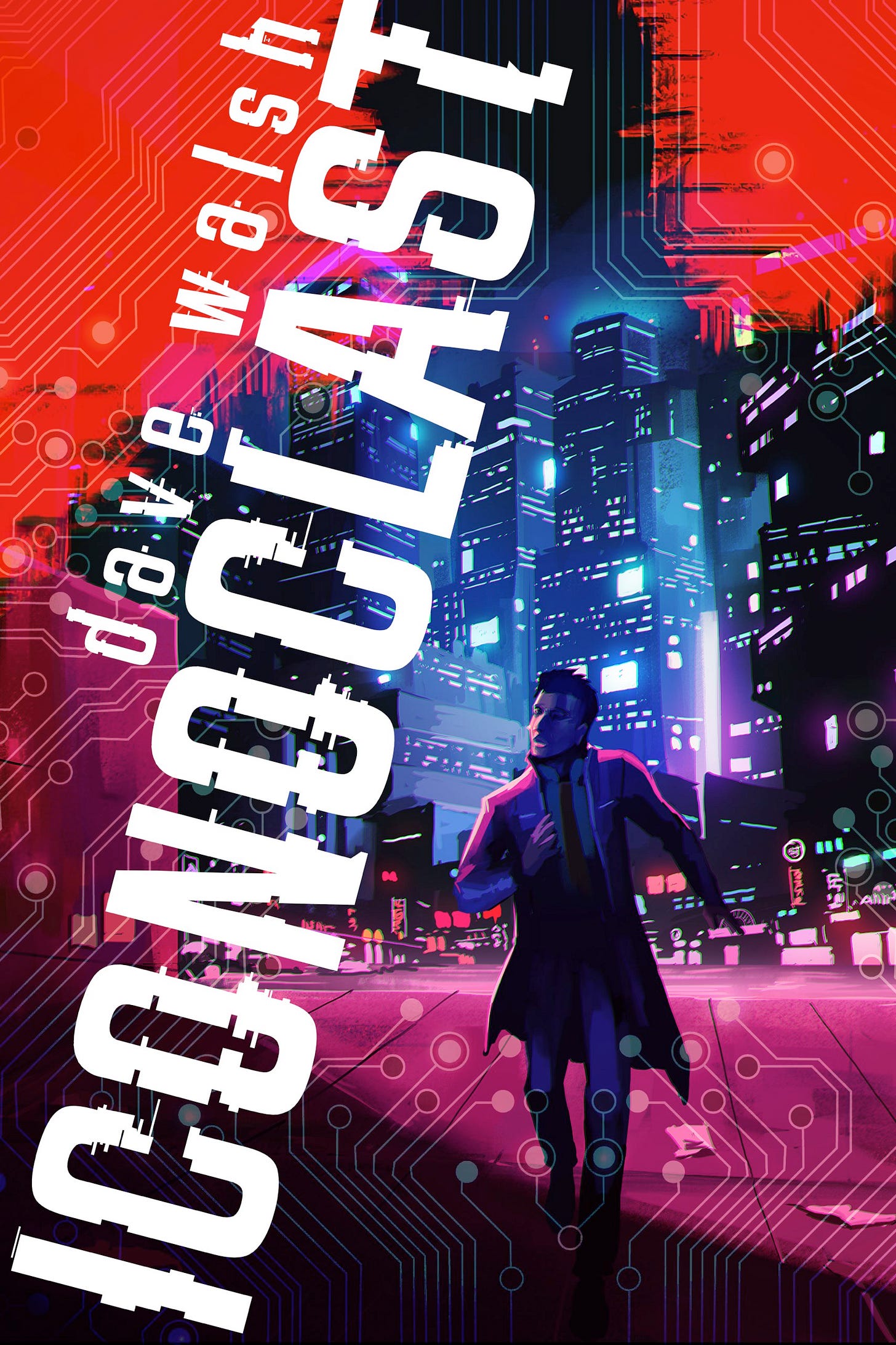 A cyberpunk city awash in blues and pinks, a man running from a shadow. The word 'Iconoclast'