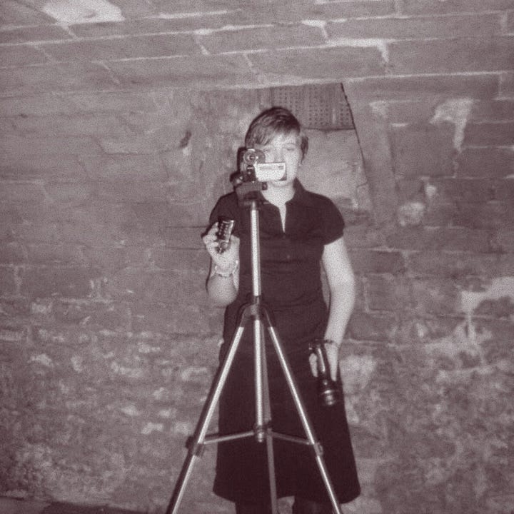 photo 1: taking notes in a basement. photo 2: taking environmental measurements in a restaurant. photo 3. walking through a warehouse. photo 4: setting up a camcorder on a tripod.