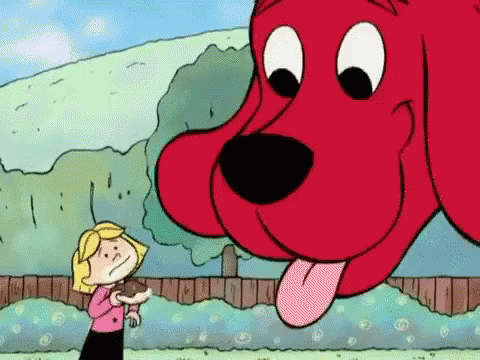 a girl is holding a stuffed animal next to a large red dog . a girl is holding a stuffed animal next to a large red dog .