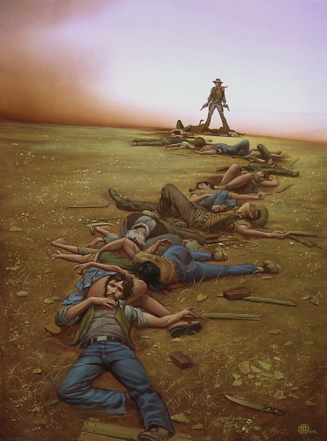 On a dusty, tilted horizon, the Gunslinger stands with pistols gripped and angled down toward the ground. Bodies pile at his feet. Dozens more extend in a line that snakes into the foreground. Various weapons—scythes and machetes, bricks and boards—lay discarded in the dirt beside the twisted, bloody corpses. The scene is absolute carnage served up for the viewer who has the point of view of next in line. On a dusty, tilted horizon, the Gunslinger stands with pistols gripped and angled down toward the ground. Bodies pile at his feet. Dozens more extend in a line that snakes into the foreground. Various weapons—scythes and machetes, bricks and boards—lay discarded in the dirt beside the twisted, bloody corpses. The scene is absolute carnage served up for the viewer who has the point of view of next in line.