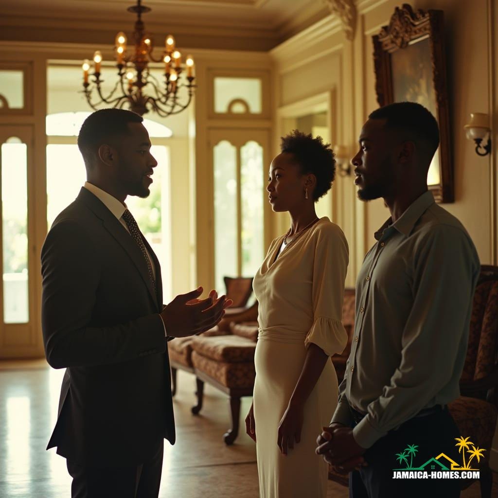 A poised, mixed-race real estate agent, dressed in professional attire, standing in the grand foyer of a stately Jamaican mansion, engaging in conversation with a prospective white couple, amidst the warm, golden light of the Caribbean afternoon. The agent's confident smile and gestures convey expertise and enthusiasm, as they highlight the property's luxurious features. The couple listens intently, their faces reflecting a mix of interest and skepticism. In the background, the elegant architecture of the mansion is visible, with ornate wooden furnishings, high ceilings, and large windows that frame the lush, tropical surroundings. The atmosphere is one of refinement and sophistication, with a hint of island charm. Inspired by the works of Gordon Parks, Kwame Brathwaite, and Albert Chong, this cinematic still exudes a sense of drama and elegance, with a color palette that blends warm, earthy tones with cool, creamy hues, evoking the feeling of a bygone era. Shot on 35mm film, with a subtle film grain and vignette, this image is a masterpiece of cinematic storytelling, inviting the viewer to step into the world of high-end real estate in Jamaica.