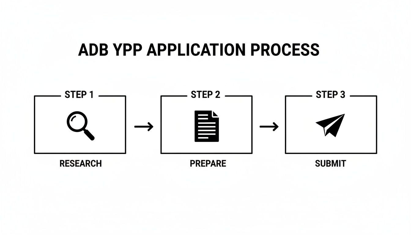 A clear diagram illustrating the three steps of the ADB YPP application process: Research, Prepare, and Submit. A clear diagram illustrating the three steps of the ADB YPP application process: Research, Prepare, and Submit.